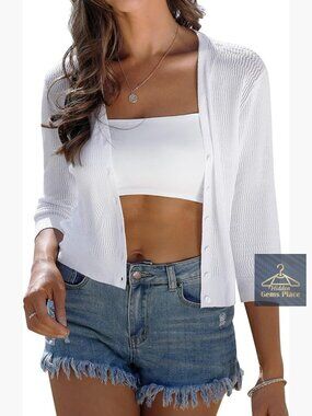 Lightweight Cropped Cardigan 3/4 Sleeve V-Neck Button Down Knit Shrug